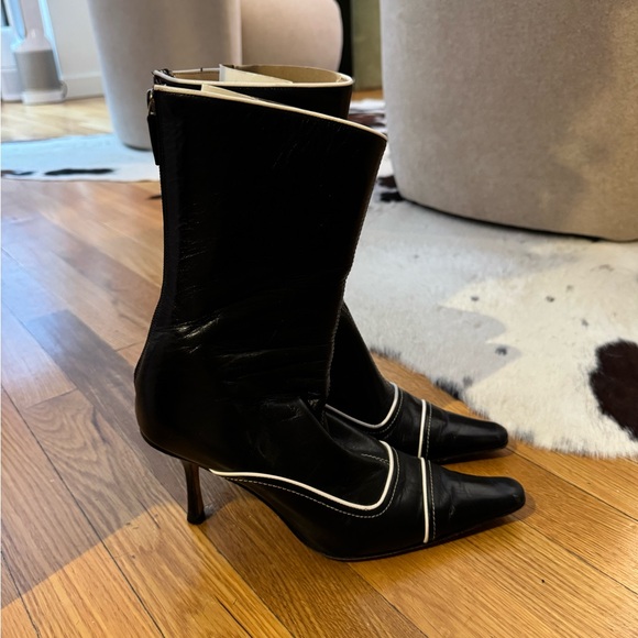 Jimmy Choo London Chic Leather Pointy Boots With White Trim Detailing